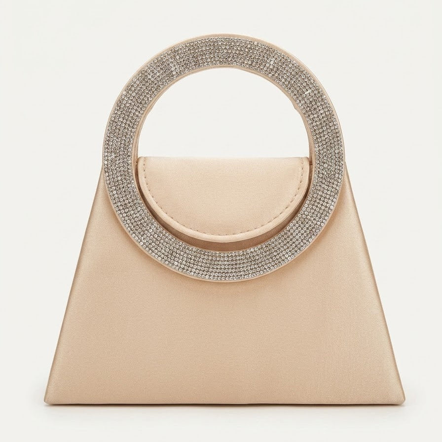Nude satin trapeze evening bag with crystal ring handle, front view