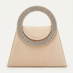 Nude satin trapeze evening bag with crystal ring handle, front view