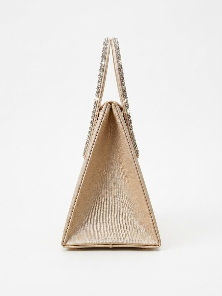 Side profile of nude satin trapeze bag