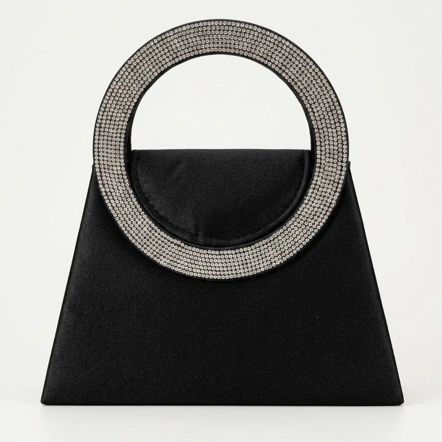 Black satin trapeze evening bag with crystal ring handle, front view