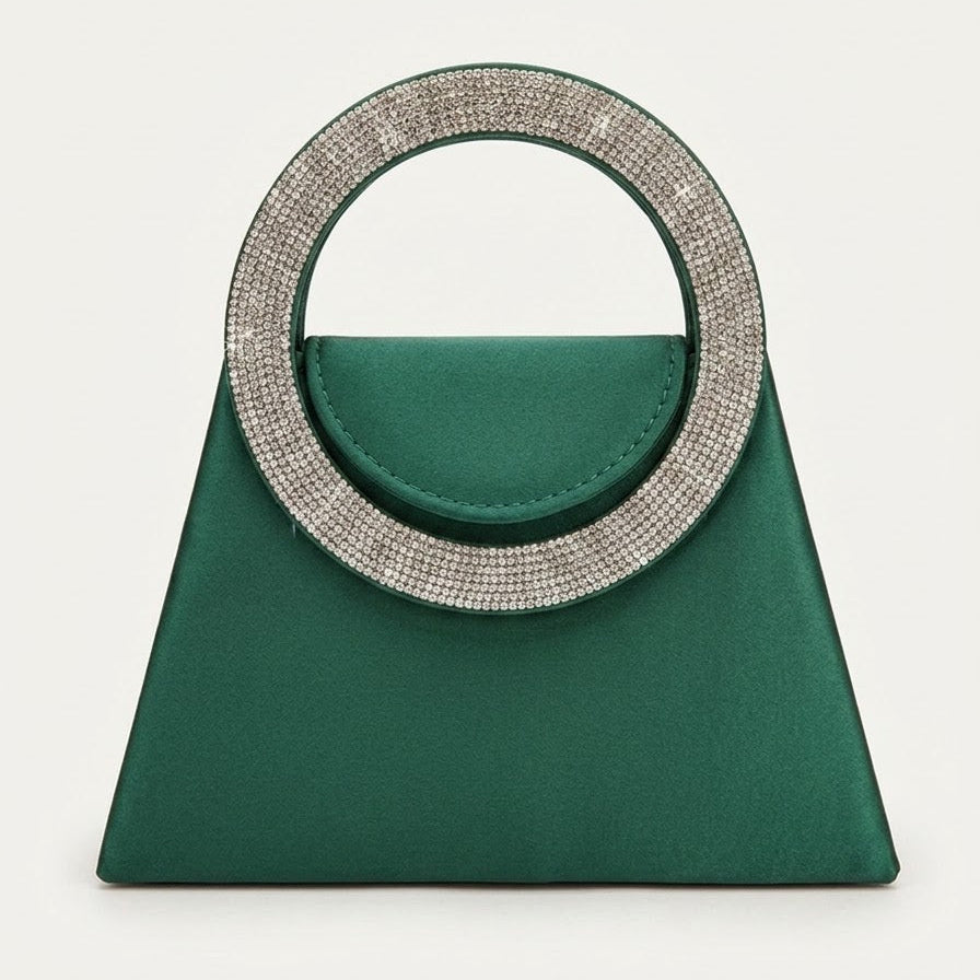 Emerald green satin trapeze evening bag with crystal ring handle, front view