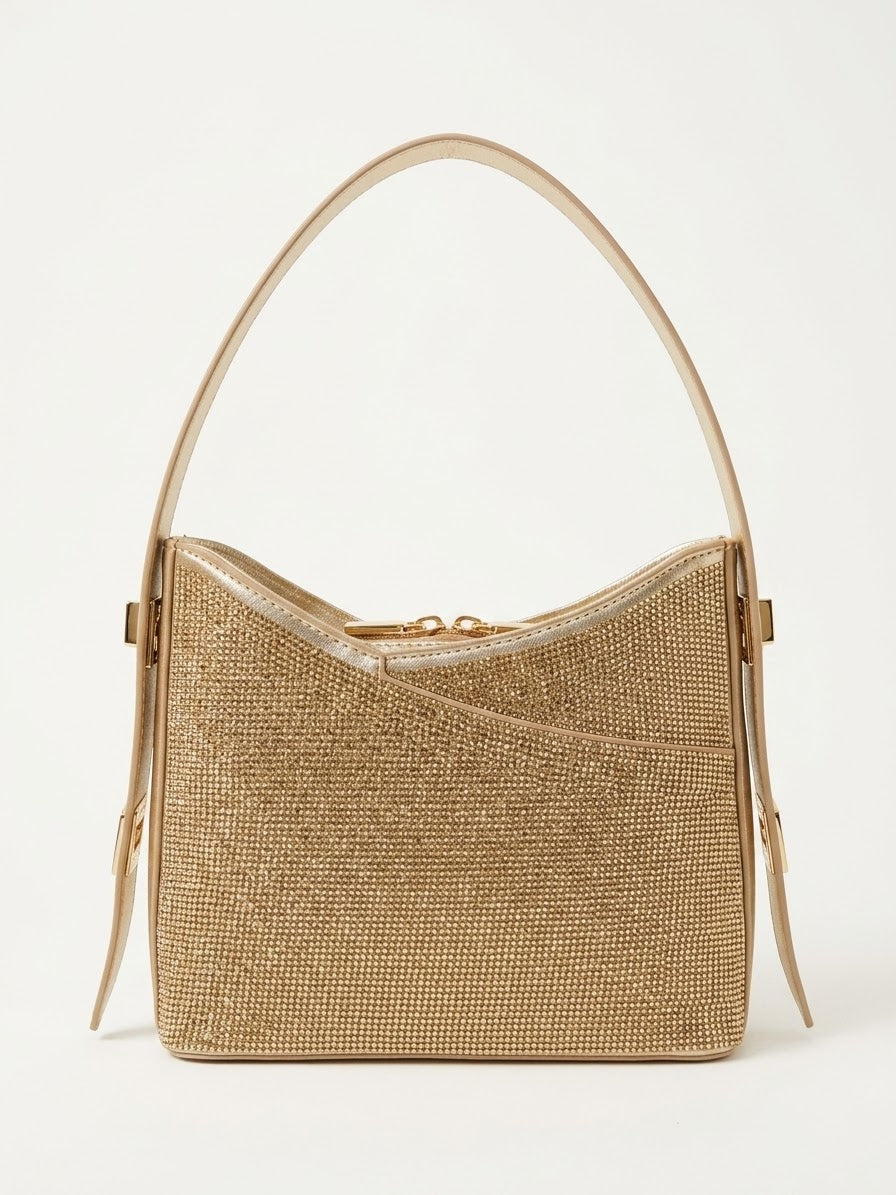 Gold rhinestone curved shoulder bag with adjustable straps, front view