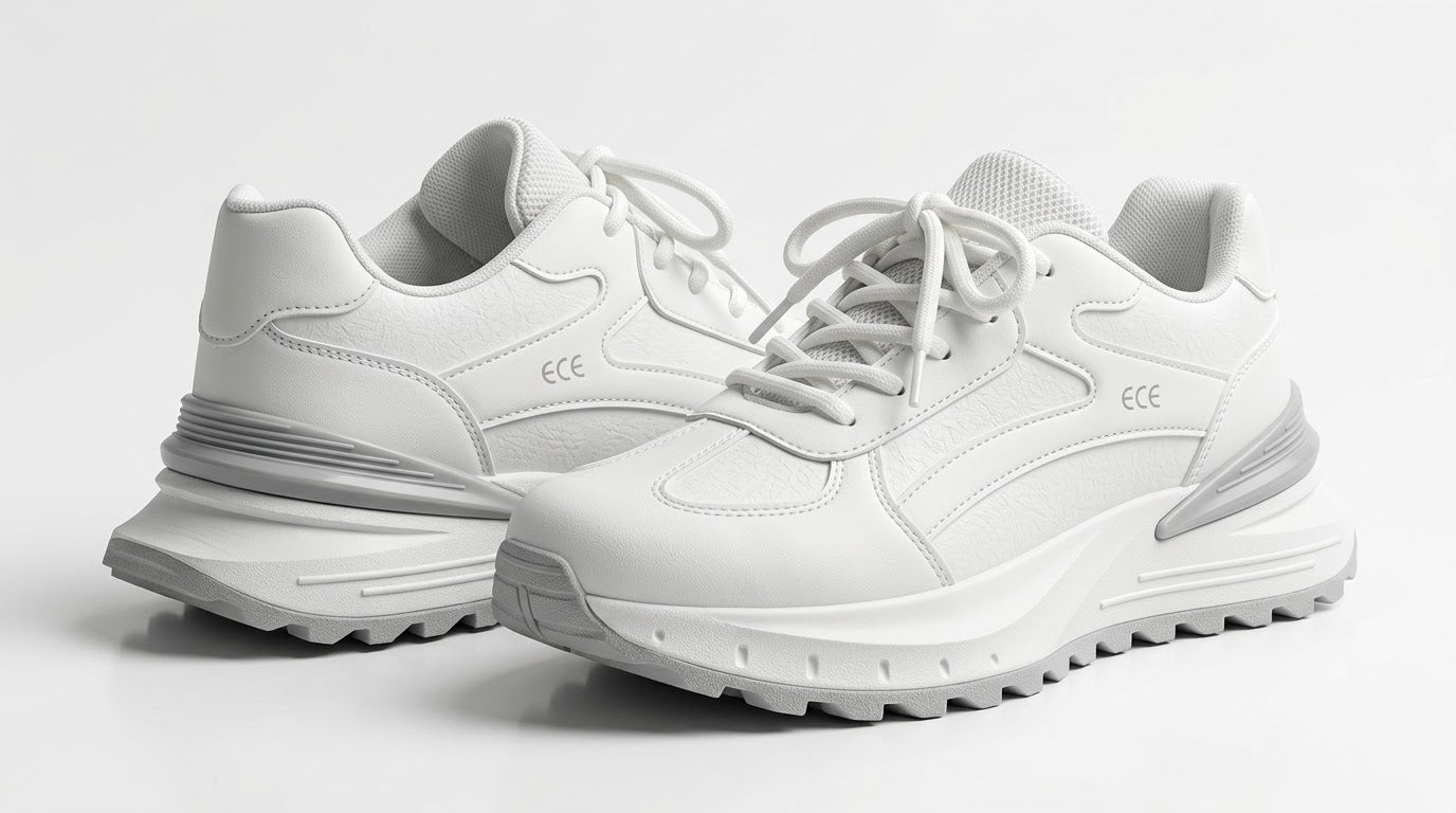 Pair of white chunky runner sneakers shown at an angle