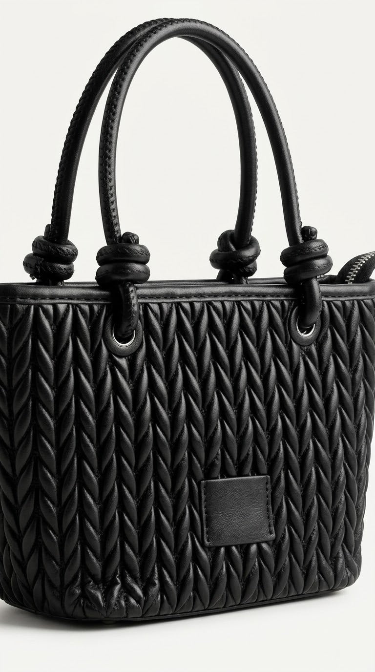 Angled view of black quilted tote showing chevron texture
