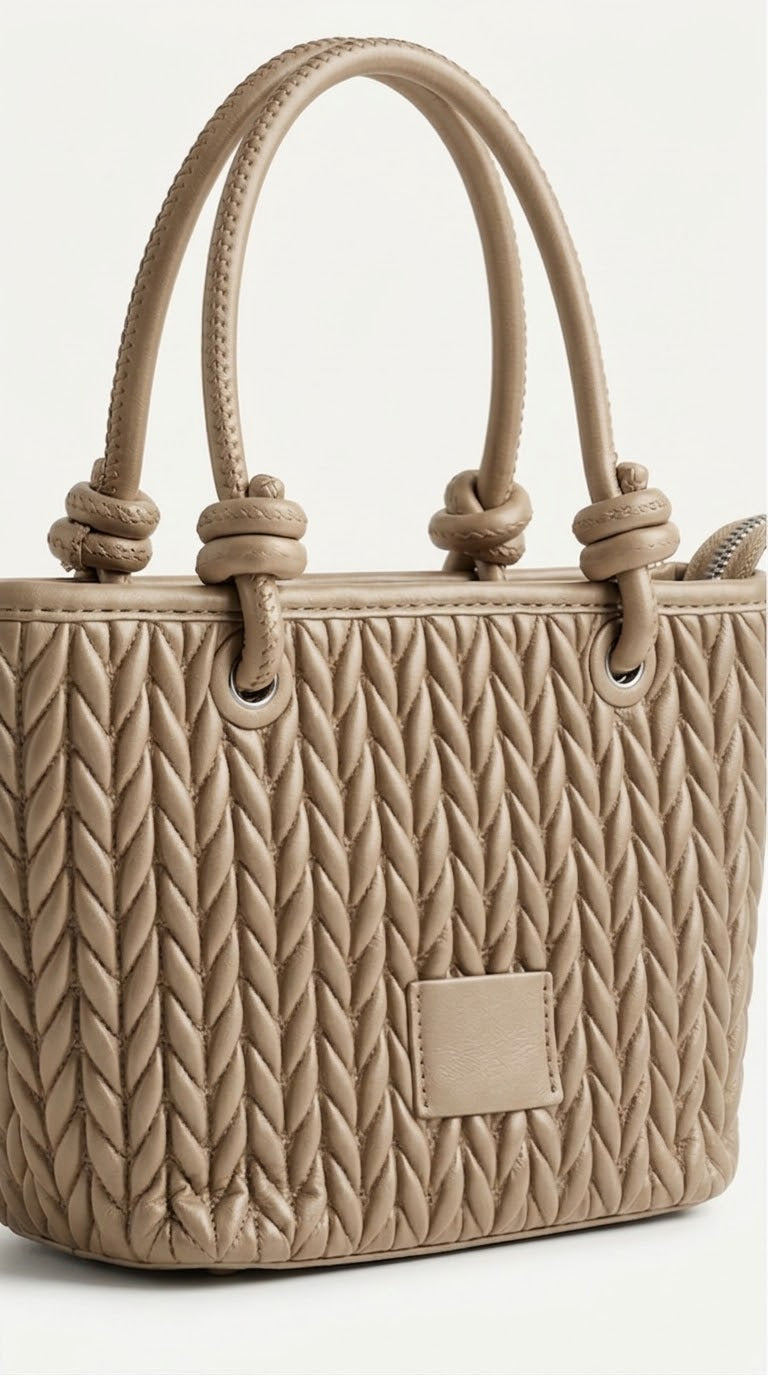 Taupe chevron quilted tote bag with knotted handles, front view