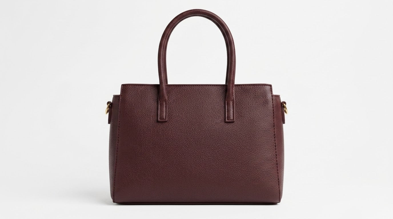 Back view of burgundy structured satchel bag