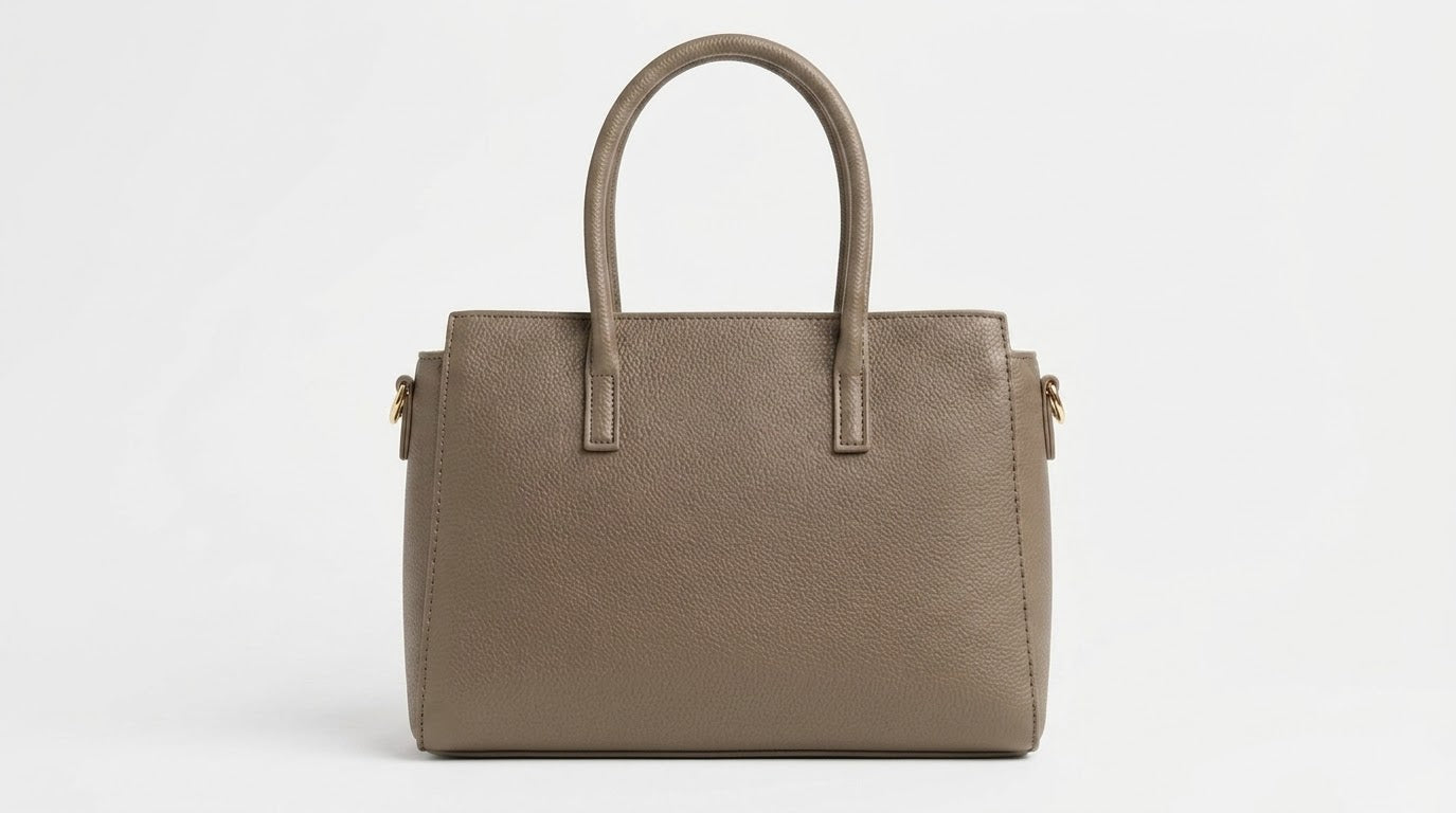 Back view of taupe structured satchel bag