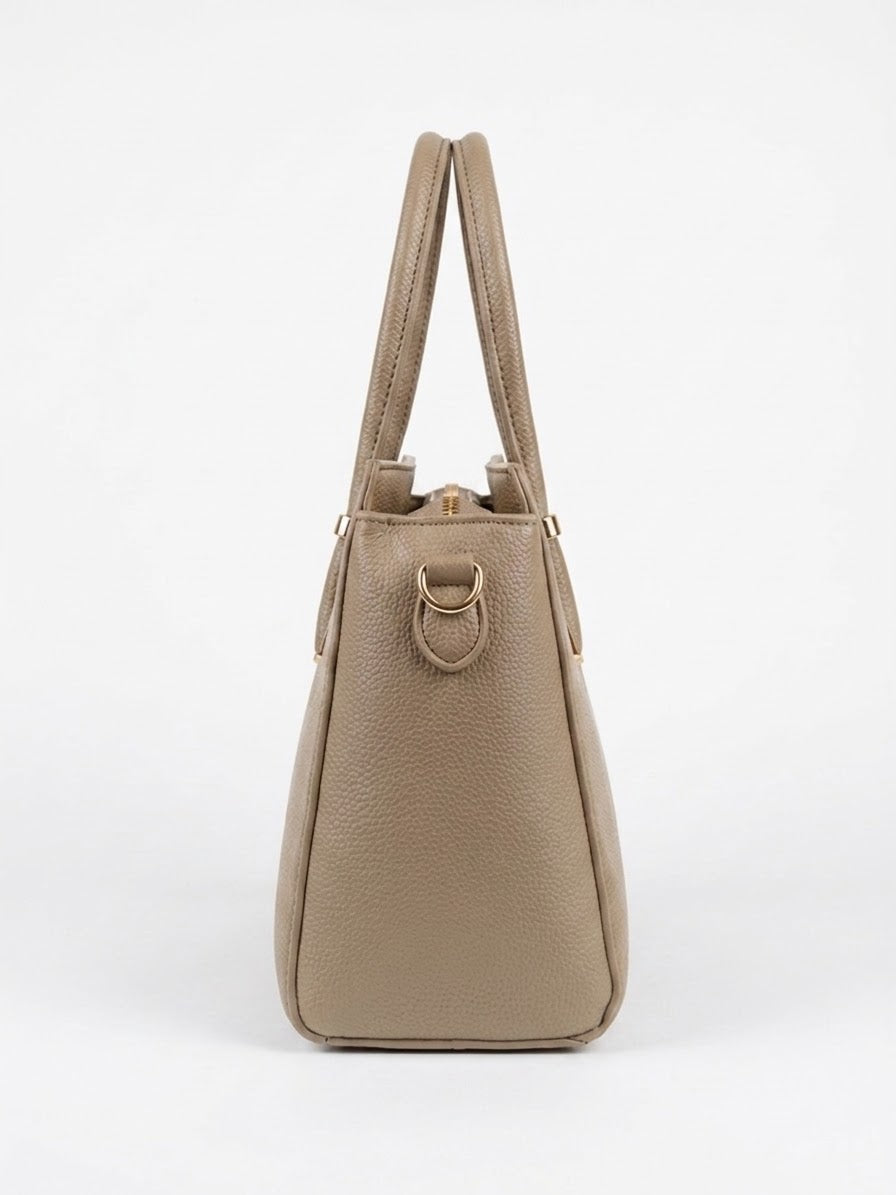Side profile of taupe structured satchel
