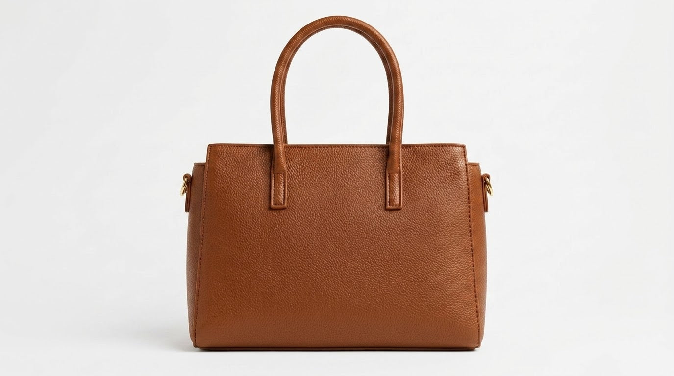 Back view of tan structured satchel bag