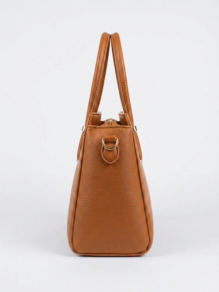 Side profile of tan structured satchel