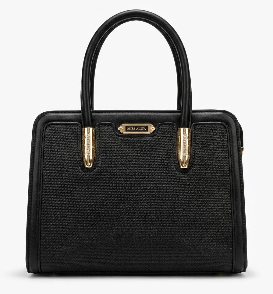Black woven texture frame handbag with gold hardware, front view