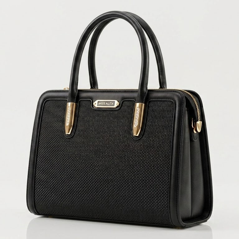 Black woven frame handbag shown from the side angle