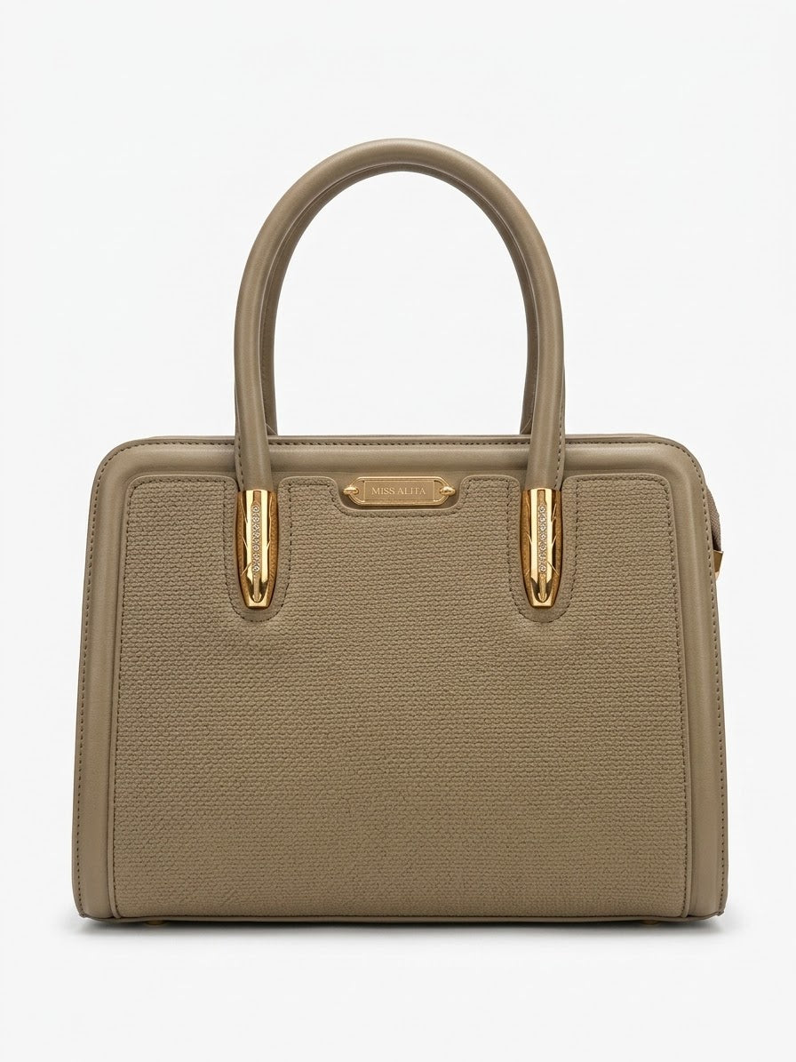 Taupe woven texture frame handbag with gold hardware, front view