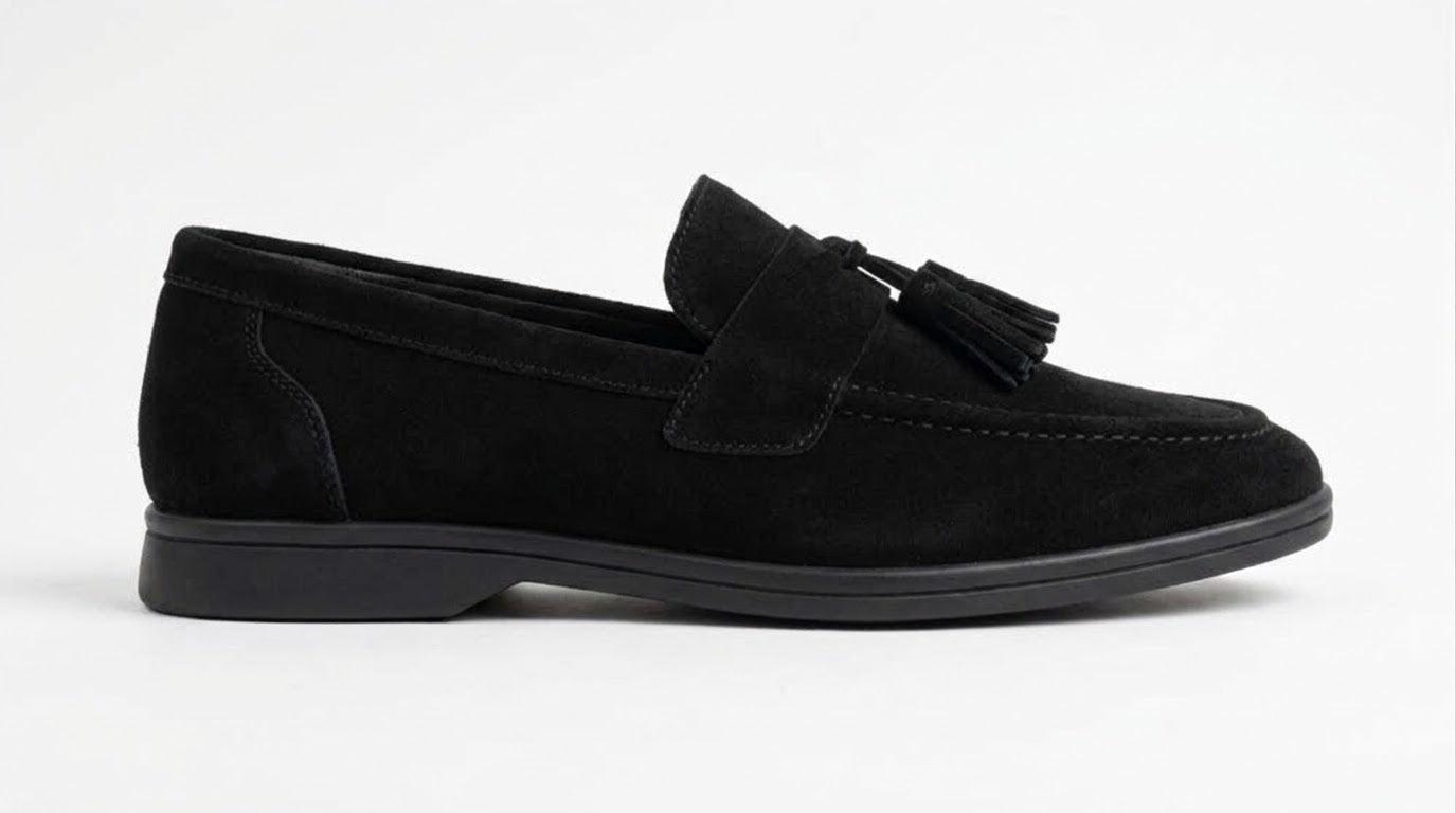 Black suede tassel loafer, side view