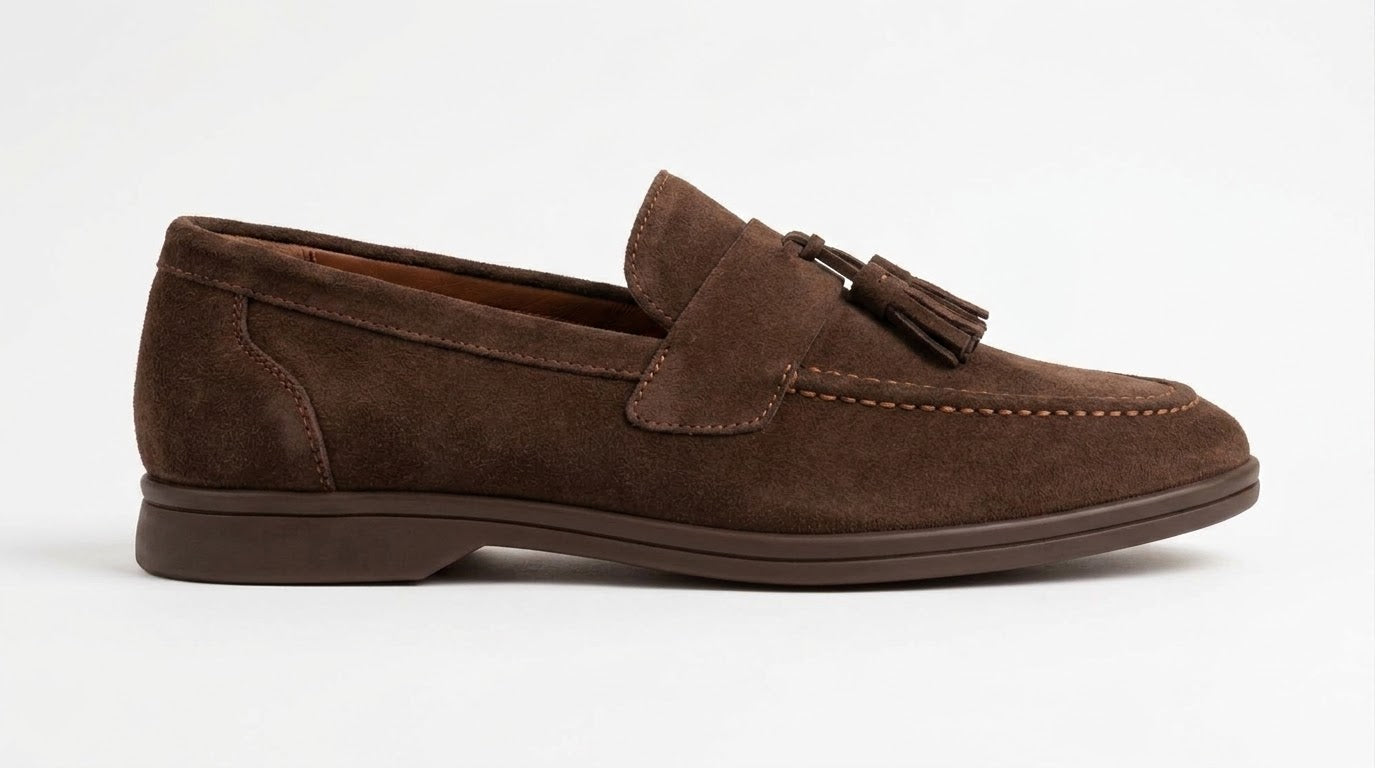 Brown suede tassel loafer, side view
