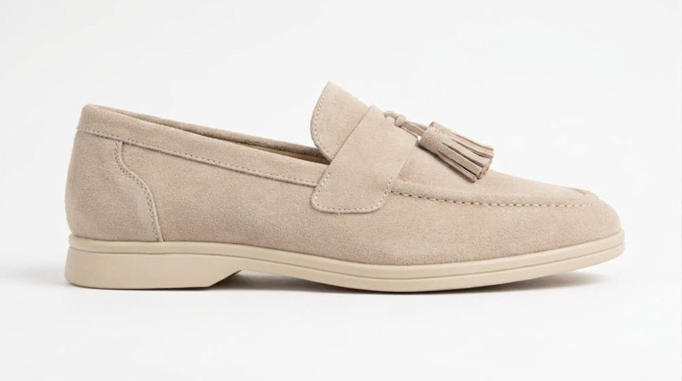 Sand beige suede tassel loafer, side view