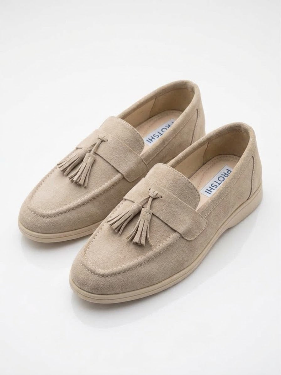 Pair of sand beige suede tassel loafers