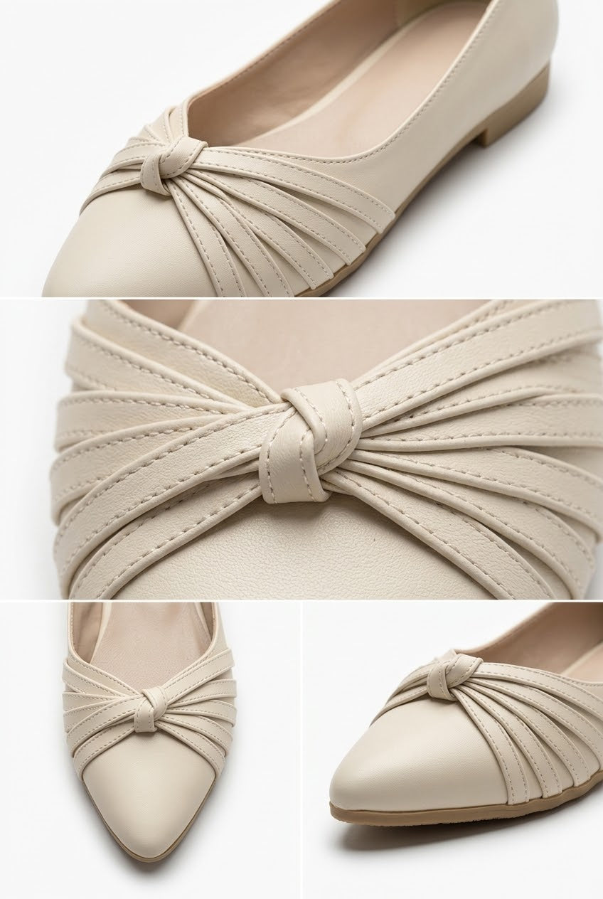 Detail views of cream knot bow ballet flat