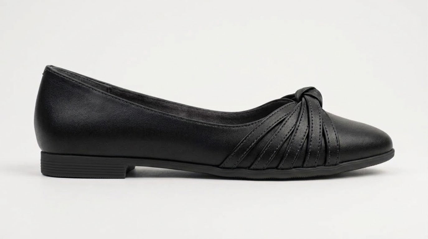 Black knot bow pointed ballet flat, side view