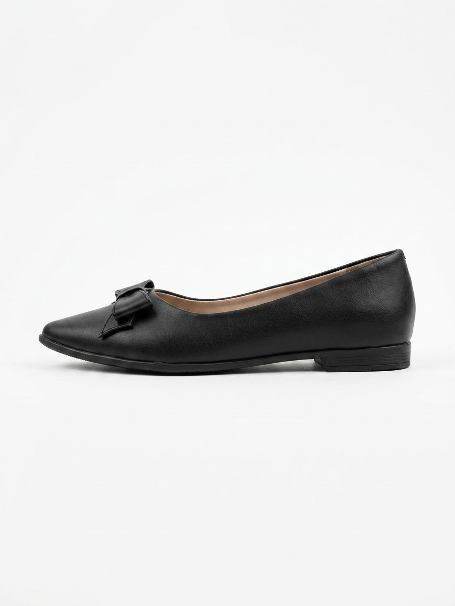 Black bow pointed ballet flat, side view