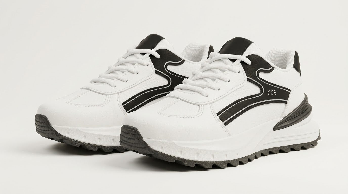 Pair of black and white runner sneakers at an angle