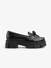 Black croc-embossed chunky lug sole bow loafer, side view