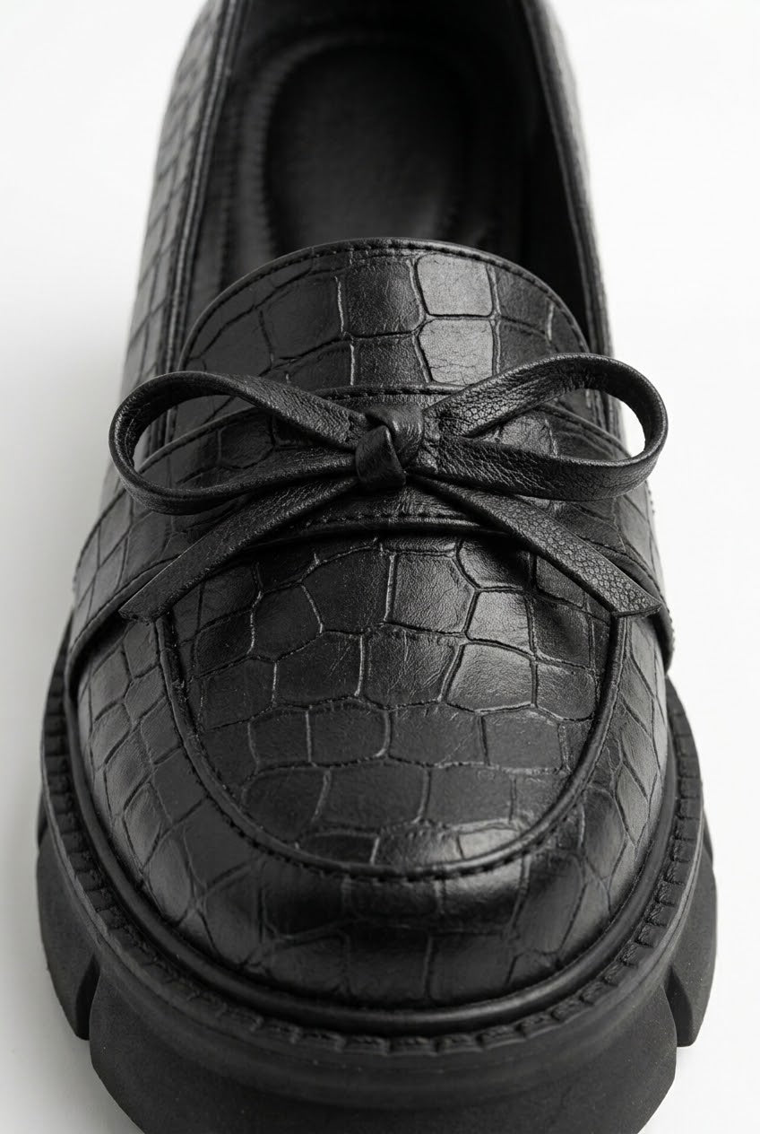 Close-up of the leather bow on the croc-embossed apron toe