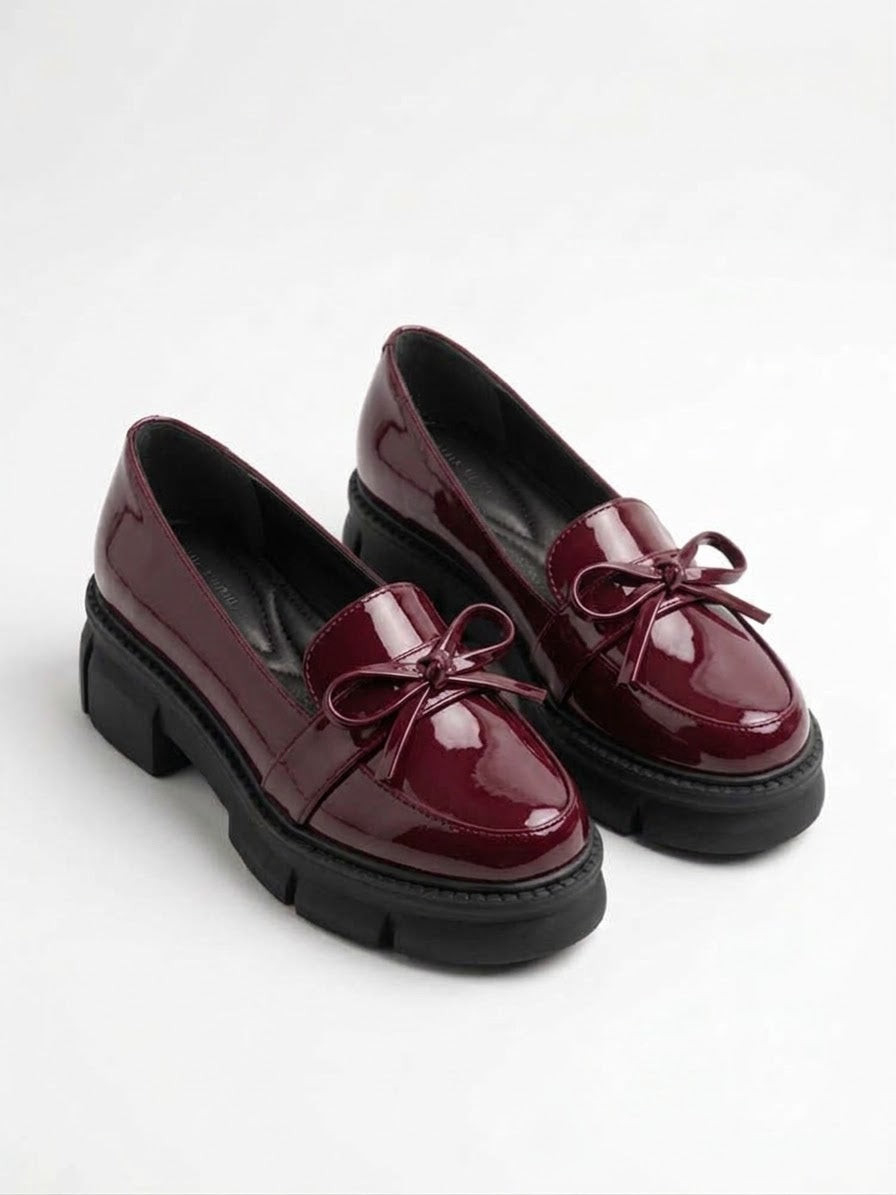 Burgundy patent chunky lug sole bow loafers, pair