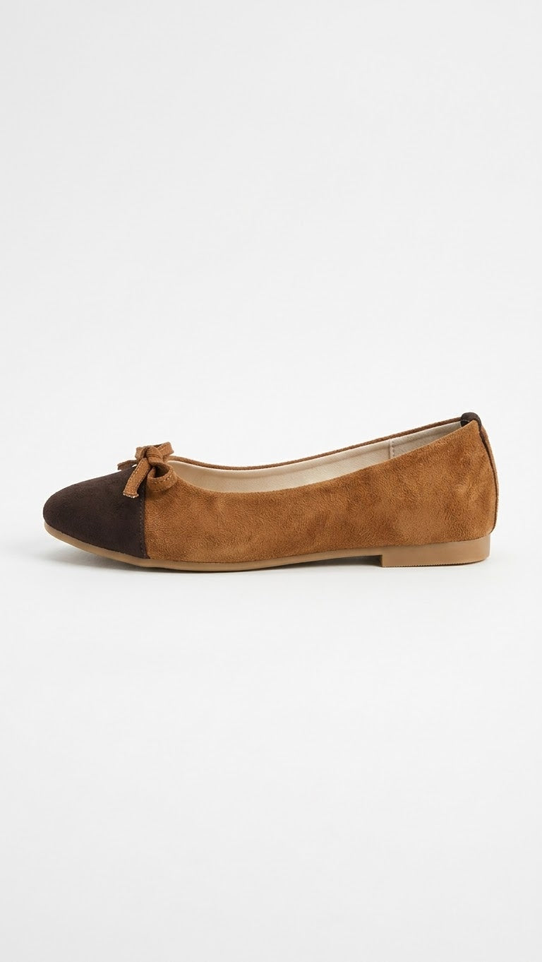 Camel suede ballet flat with brown cap toe, side view