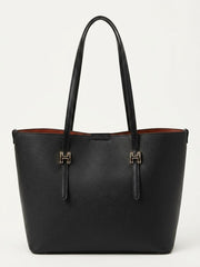 Black textured shopper tote bag with gold buckle straps, front view