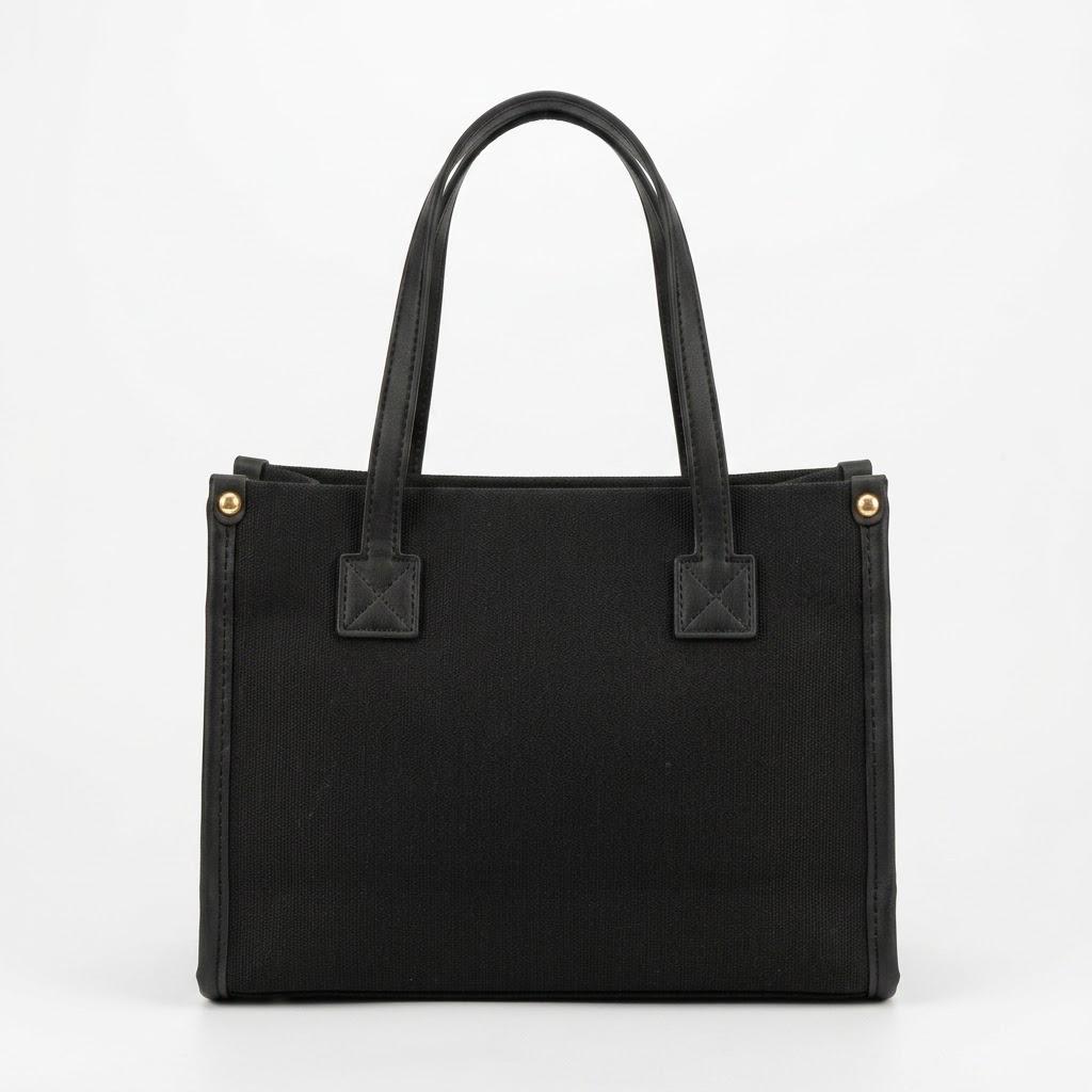 Back view of black canvas tote with reinforced handle tabs