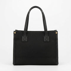 Back view of black canvas tote with reinforced handle tabs